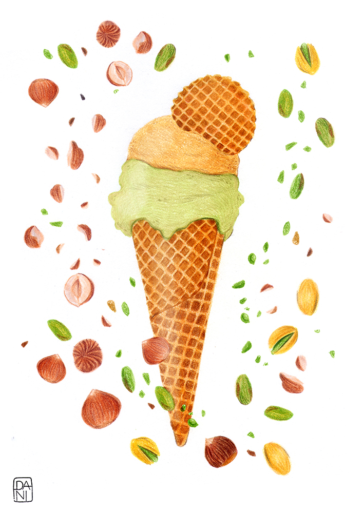 ice cream illustration, pistacchio ice cream, hazelnut ice cream, food illustration, gelato, gelato disegno, gelato illustrazione