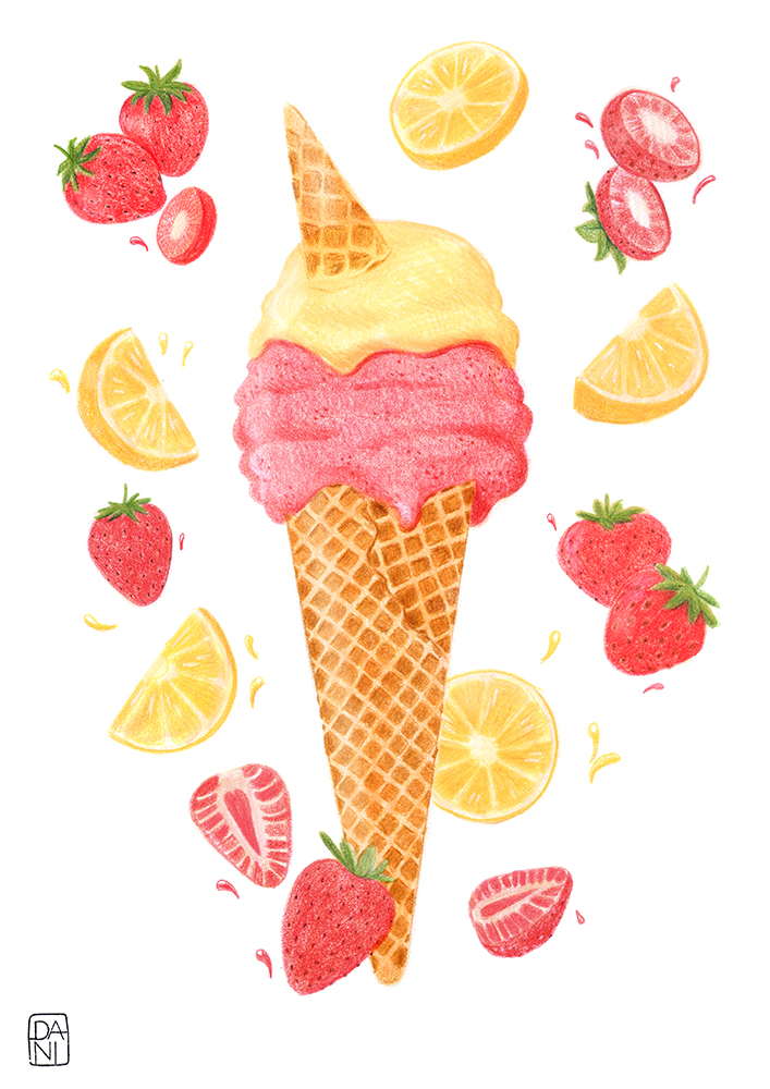 ice cream illustration, strawberry ice cream, lemon ice cream, food illustration, gelato, gelato disegno, gelato illustrazione