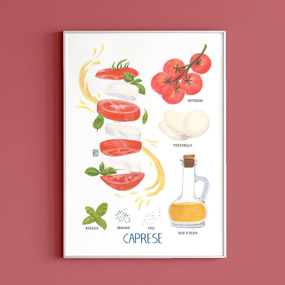 caprese, caprese poster, mozzarella, pomodori, caprese illustration, food recipe, food illustration, italian caprese, italian food